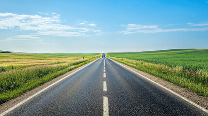 Fototapeta premium Wide road into distance, flanked by green fields and blue sky. High-definition, horizontal composition. Serene beauty.
