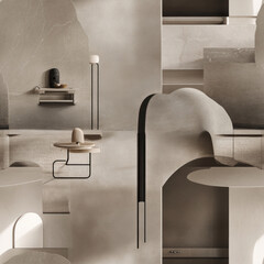 Modern furniture display in abstract gallery with textured walls, platform surfaces, and soft lighting