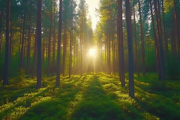 Obraz premium Sunrise forest, sunlight through trees, green forest floor
