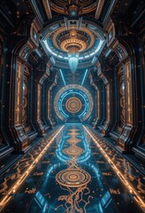 Obraz premium Futuristic Sci Fi Corridor Design Elegant Gold and Blue Illuminated Pathway Digital Art