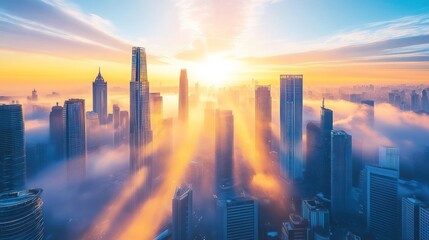 Fototapeta premium Sunrise Cityscape Fog Aerial View