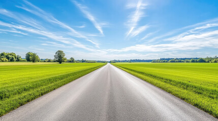 Fototapeta premium Wide road into distance, flanked by green fields and blue sky. High-definition, horizontal composition. Serene beauty.