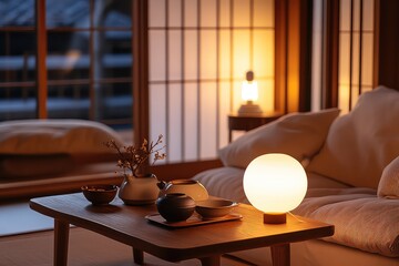 A cozy Muji-inspired space with a soft, earth-toned sofa, delicate Japanese pottery, and warm lighting creating a relaxing atmosphere.