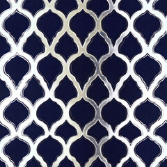 Navy backdrop showcases silver geometric lattice pattern, creating an intricate, shiny, interior surface
