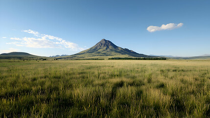 Elevated View of a Conical Hill Amidst a Vast Grassland Under a Blue Sky