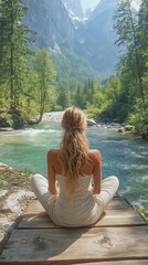 Woman meditating by mountain river