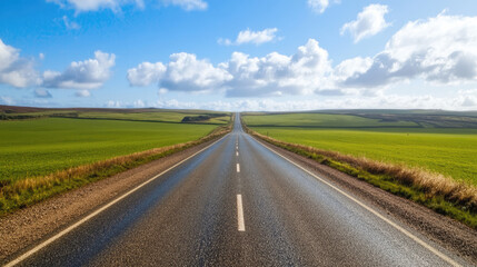 Fototapeta premium Wide road into distance, flanked by green fields and blue sky. High-definition, horizontal composition. Serene beauty.
