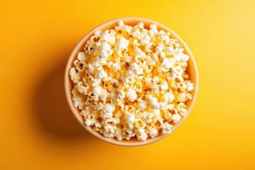 A full bowl of delicious popcorn on a bright yellow background