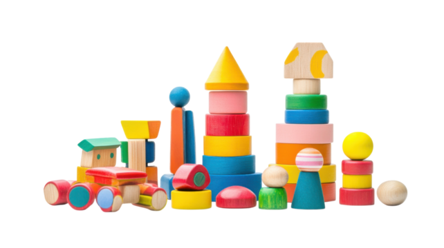 Colorful wooden building blocks arranged creatively on a white surface in a playful setting for children’s learning activity