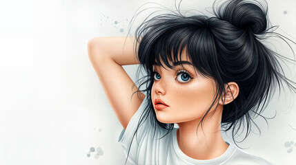 Naklejka premium Anime style digital illustration portrait of a person. The background is a simple, light gray gradient. She exudes a sense of modern elegance and simplicity.