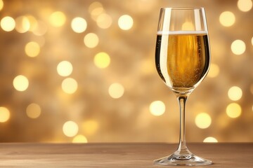 Champagne Glass With Bubbles On Wooden Table Against Golden Lights Backdrop