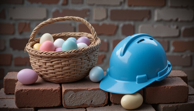 Blue construction helmet with Easter eggs resting on bricks at outdoor site