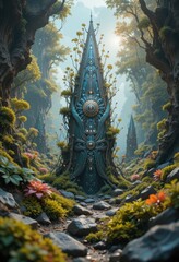 Fototapeta premium Enchanting Fantasy Forest Scene with Ornate Teal Gateway Mysterious ancient portal in lush mystical woodland