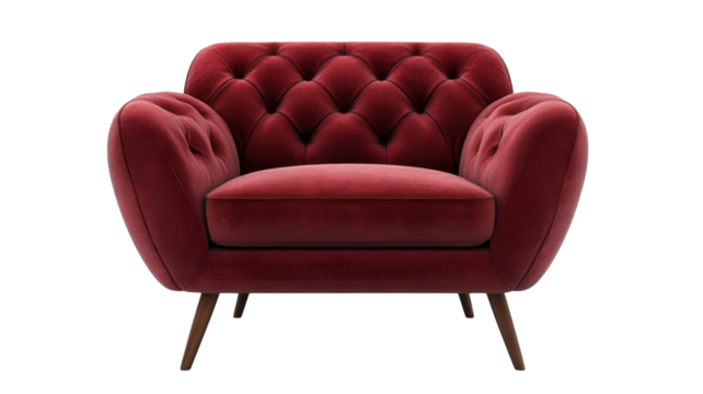 Elegant red velvet armchair with tufted design and wooden legs in modern interior setting