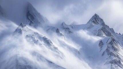 Obraz premium Breathtaking avalanche cascading down a majestic mountain slope, with billowing snow and dramatic lighting
