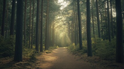 Naklejka premium Scenic path winding through a majestic pine forest, with towering evergreens and soft sunlight filtering through dense foliage. A tranquil atmosphere and earthy forest floor enhance the serene natural