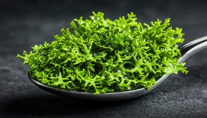A close-up view of fresh, vibrant green leafy greens resting on a spoon, showcasing their intricate textures against a dark background.