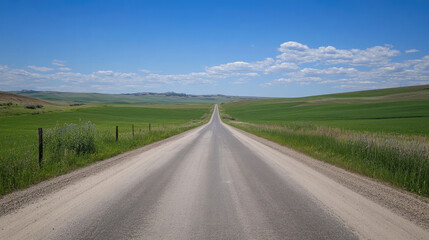 Fototapeta premium Wide road into distance, flanked by green fields and blue sky. High-definition, horizontal composition. Serene beauty.