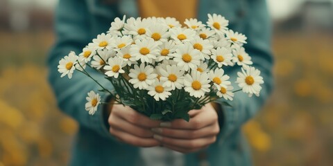 Hands holding a bouquet of daisies in a natural outdoor setting.