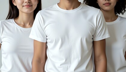 Group of diverse people wearing blank white t-shirts for mockup
