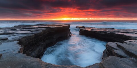 Fototapeta premium Stunning rocky seashore at sunset with vibrant sky and ocean waves.