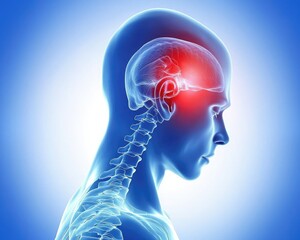A digital illustration of a human head in profile, highlighting the brain with a red spot, symbolizing pain or neurological activity.