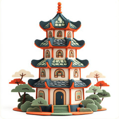 colorful pagoda surrounded by stylized trees and bushes, showcasing intricate details and whimsical design