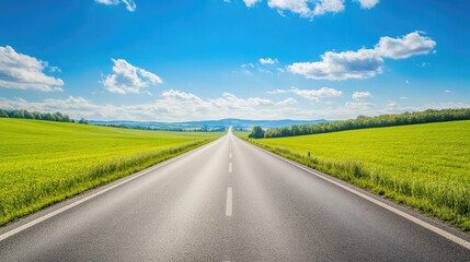 Fototapeta premium Wide road into distance, flanked by green fields and blue sky. High-definition, horizontal composition. Serene beauty.