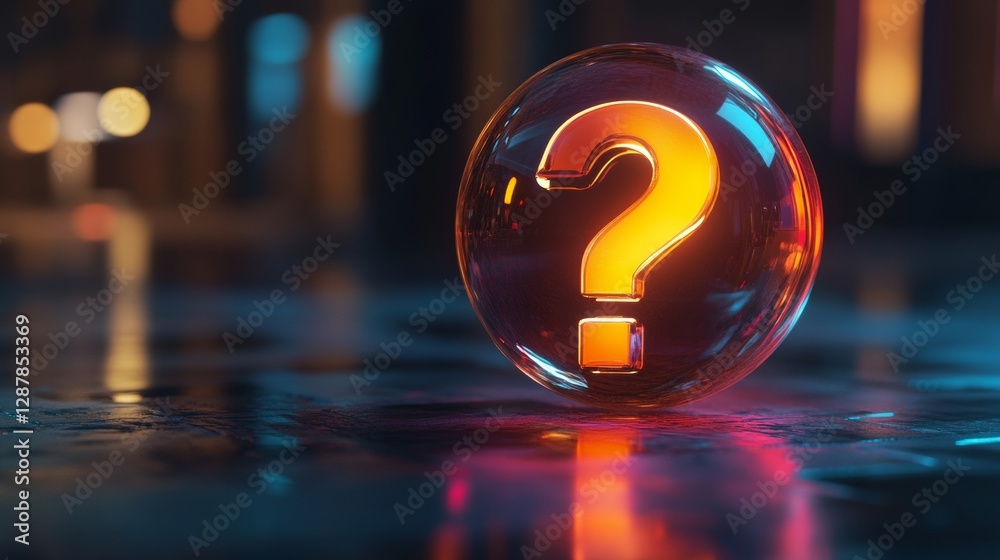 Poster Glowing question mark inside a transparent sphere on wet surface, futuristic and mysterious atmosphere. Curiosity and exploration concept