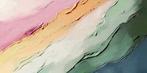 Naklejka premium Soft pastel-colored abstract oil painting with textured brushstrokes in shades of pink, blue, green, yellow, white, and grey, creating depth and a calming aesthetic