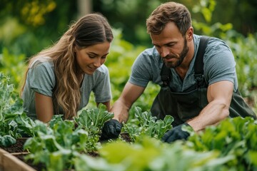 Gardening together a couple cultivates sustainable vegetables in their backyard garden