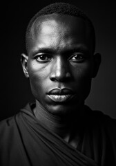  striking studio portrait of an African face against a black background, highlighting dramatic lighting and powerful expressions.