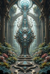 Fototapeta premium Ornate Teal and Gold Fantasy Structure in a Lush Garden Artistic 3D Render
