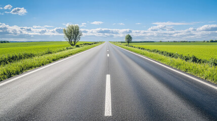 Fototapeta premium Wide road into distance, flanked by green fields and blue sky. High-definition, horizontal composition. Serene beauty.