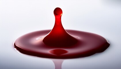 A macro shot of a single blood drop on a white surface, with deep red tones contrasting starkly against the clean background, emphasizing the vivid, striking detail