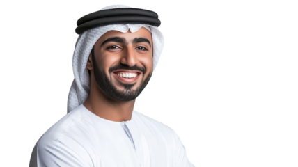 Young Emirati man in traditional attire smiles confidently for a portrait against a white background