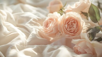 Obraz premium Beautiful peach roses delicately rest on a soft white fabric