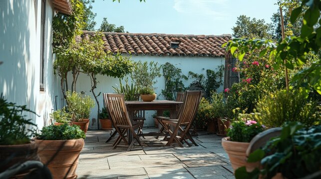 Serene Courtyard Garden With Wooden Table And Chairs
