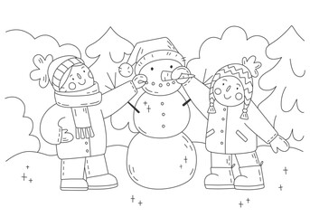 Cute coloring book illustration. Children make a snowman in winter forest. Vector template for children hobby, vector printable worksheets for preschool.