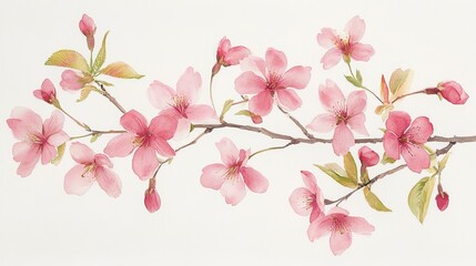 A delicate branch of pink cherry blossoms with leaves against a light background.