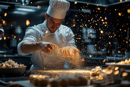 Culinary mastery chef creating culinary art kitchen photography nighttime close-up food innovation