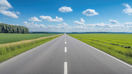 Fototapeta premium Wide road into distance, flanked by green fields and blue sky. High-definition, horizontal composition. Serene beauty.