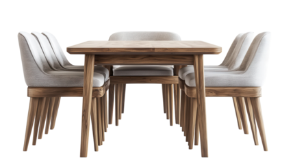 Modern wooden dining table surrounded by stylish upholstered chairs in minimalist design for contemporary homes