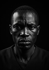 Fototapeta premium striking studio portrait of an African face against a black background, highlighting dramatic lighting and powerful expressions.