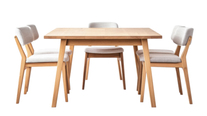 Modern wooden dining table and chairs set arranged in a bright interior space for casual gatherings and meals
