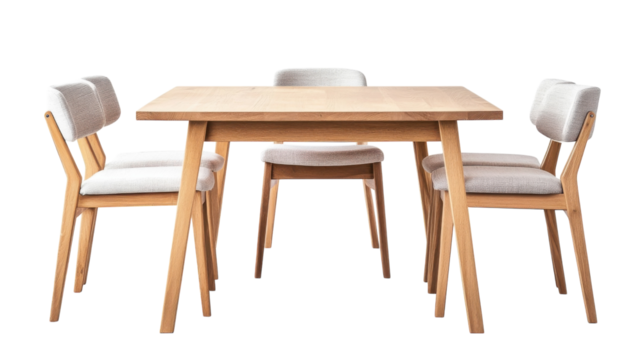 Modern wooden dining table and chairs set arranged in a bright interior space for casual gatherings and meals