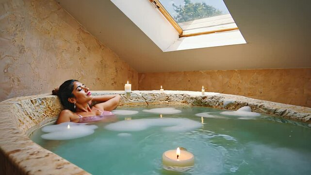 woman takes a luxurious bath under a dormer window