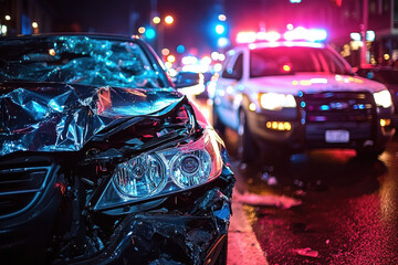nighttime car accident scene showing damaged vehicle and police presence, evoking sense of urgency and concern