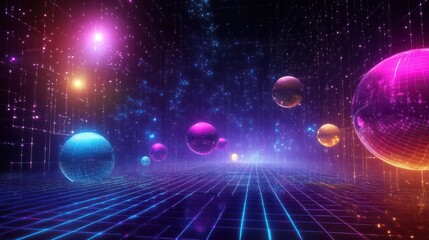 A 3D space with multicolored glowing spheres and futuristic structures floating above a digital grid, resembling a high-tech digital world.