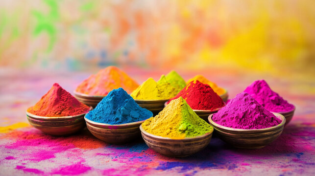 Colour pots on Holi festival background, Holi festival background with gulaal colour.